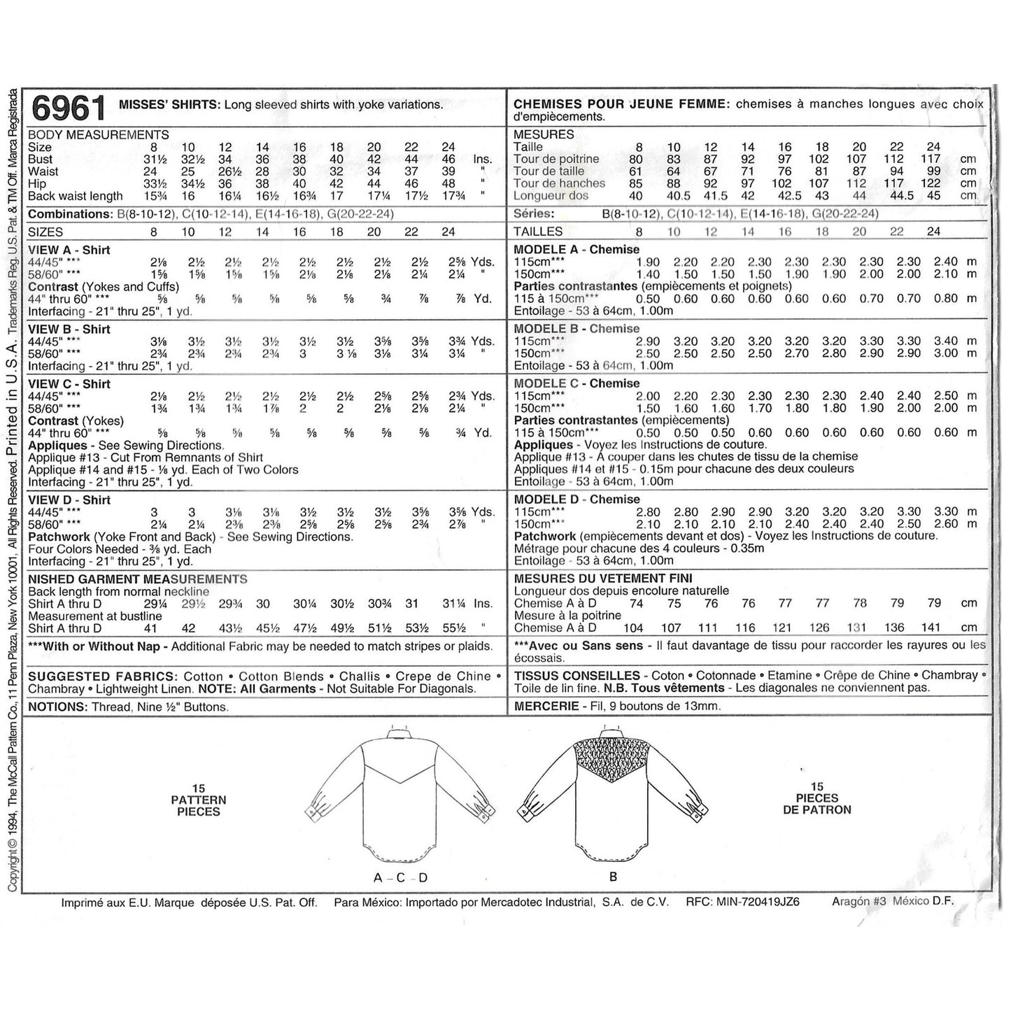 McCall's 6961 Shirt Size 20-24 FF/UC