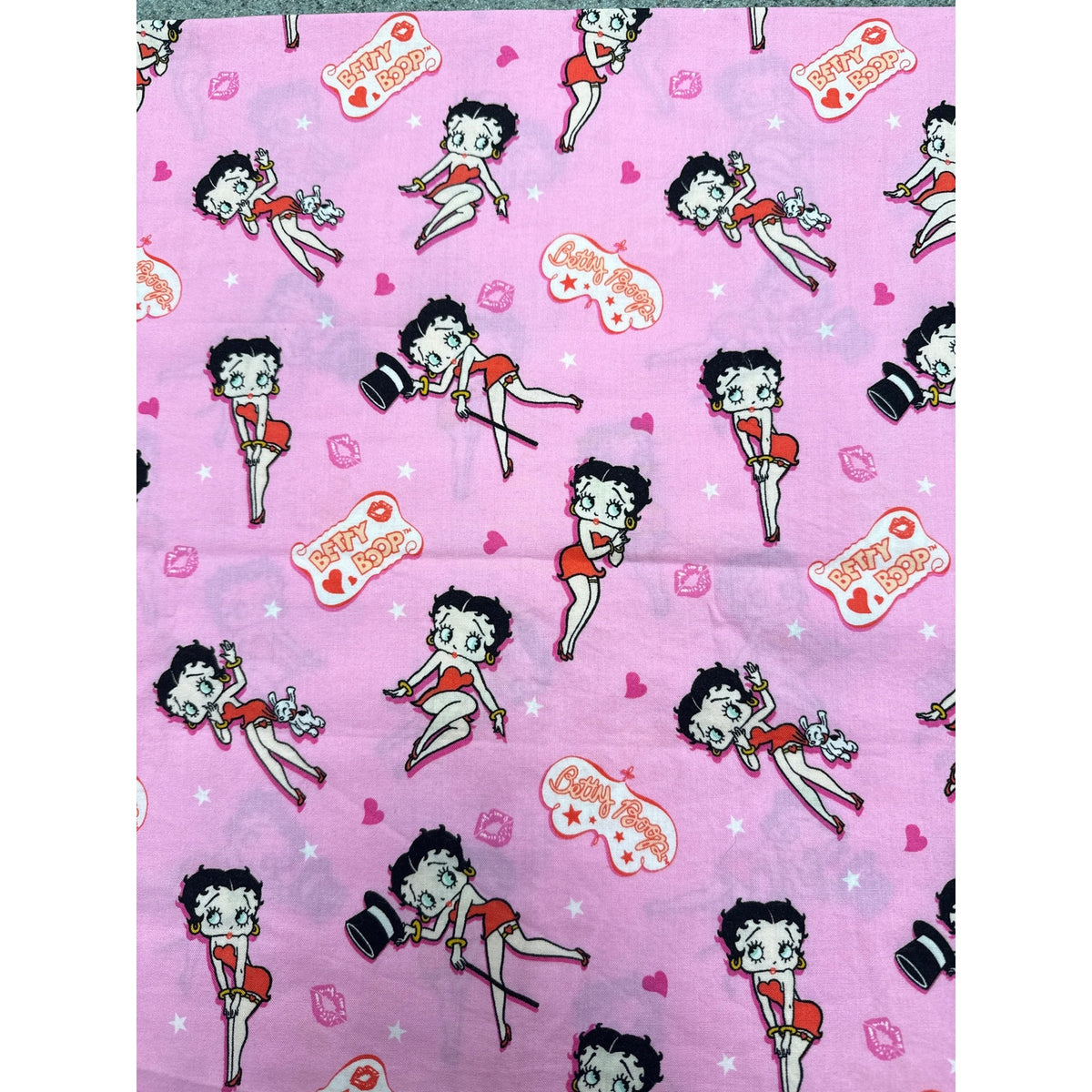 Betty Boop Pink Cotton Fabric – Red Dress, Top Hat & Hearts and Stars