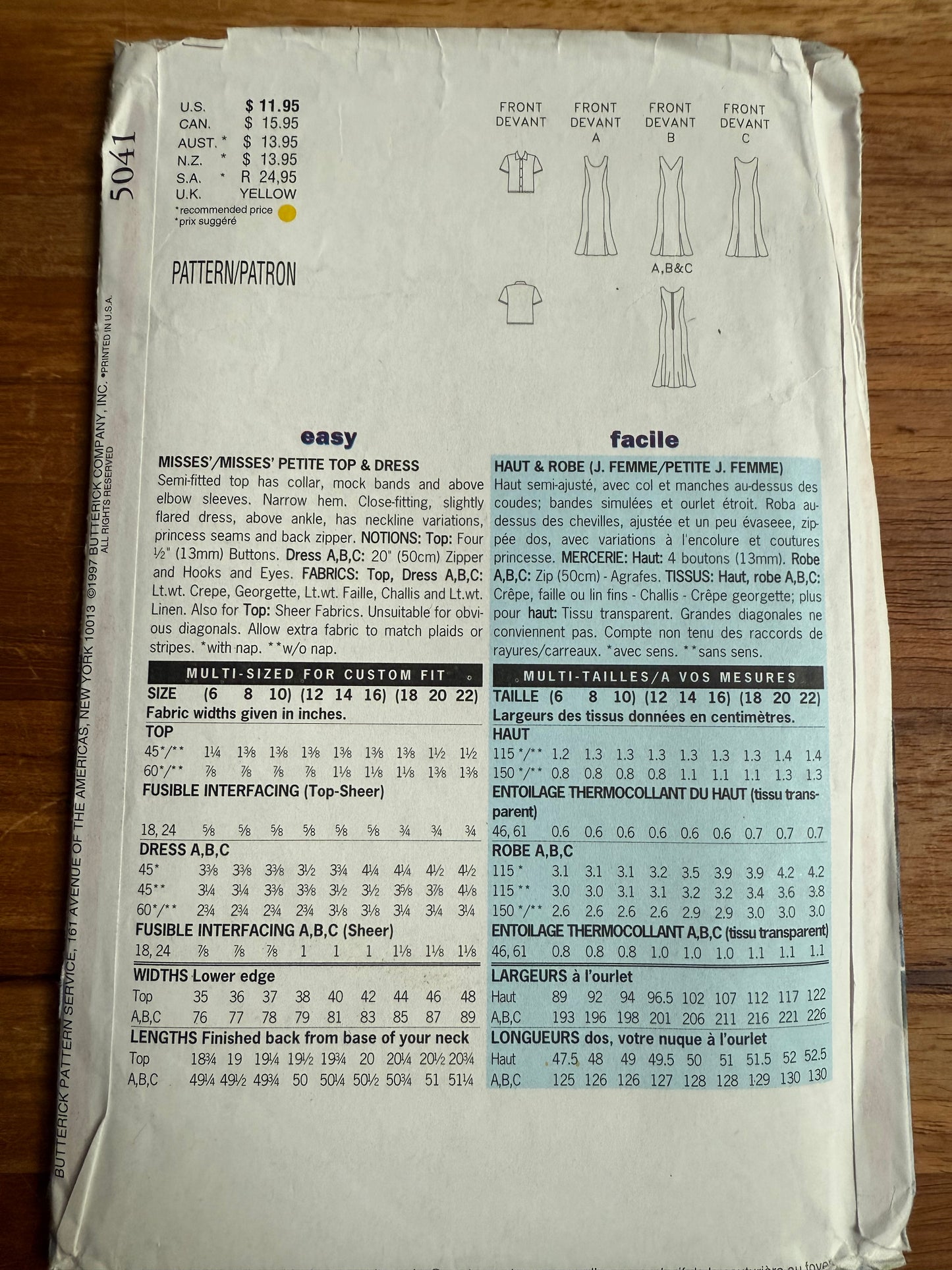 5041 Butterick Dress Pattern SZ 6-8-10