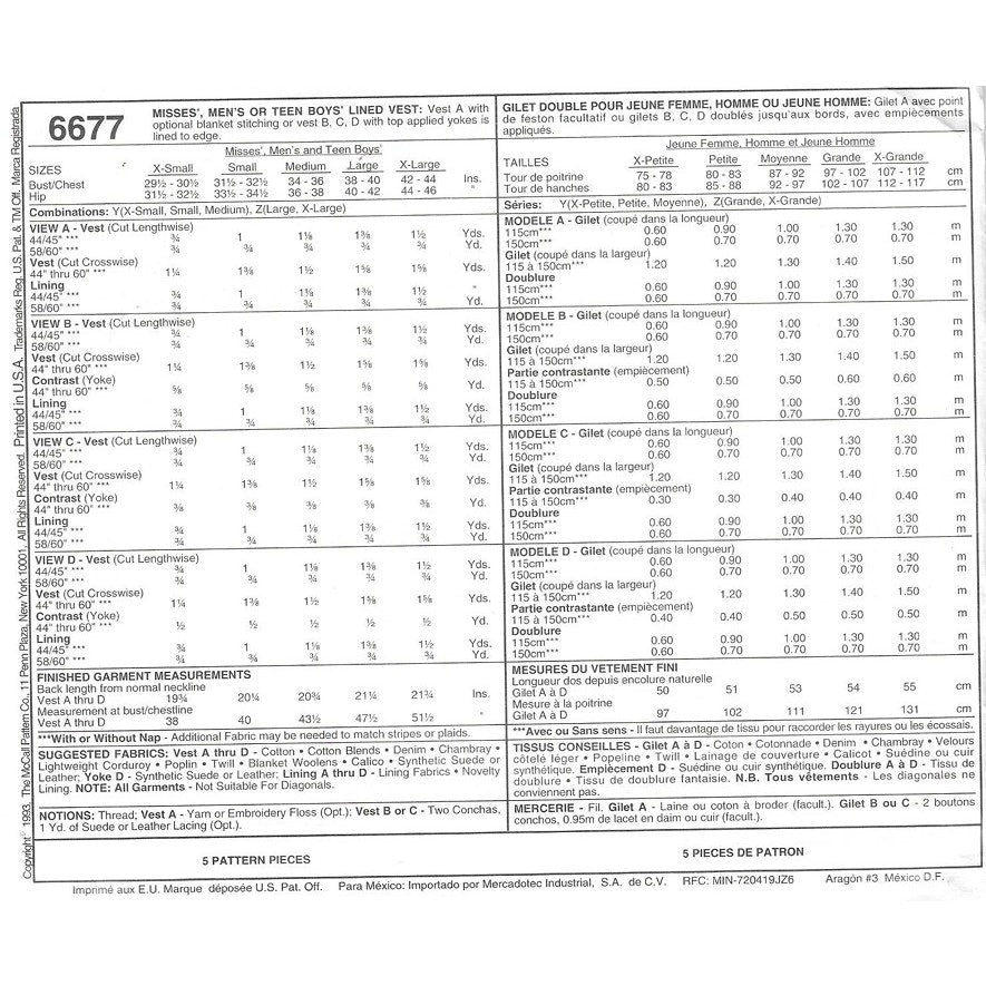 McCall's 6677 FF/UC Unisex Vest Pattern Size Large-XLarge