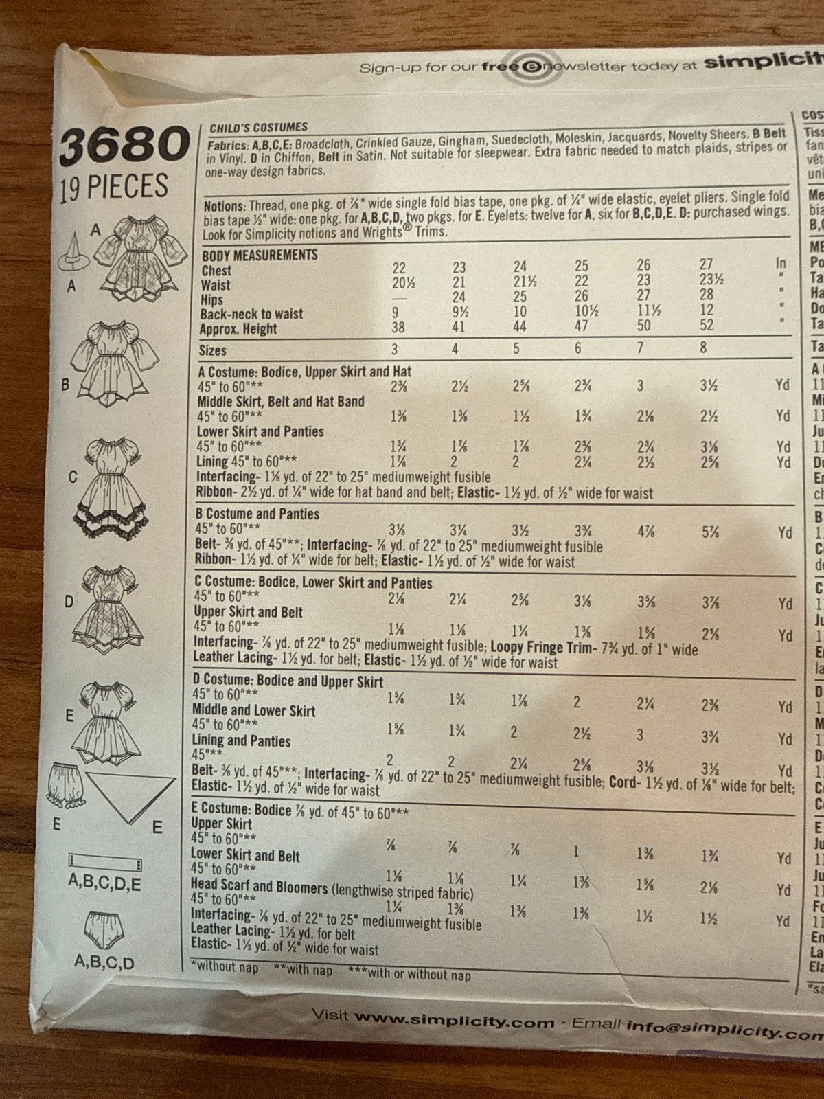 Simplicity 3680 envelope back showing costume line drawings, body measurements, fabric requirements, and notions.