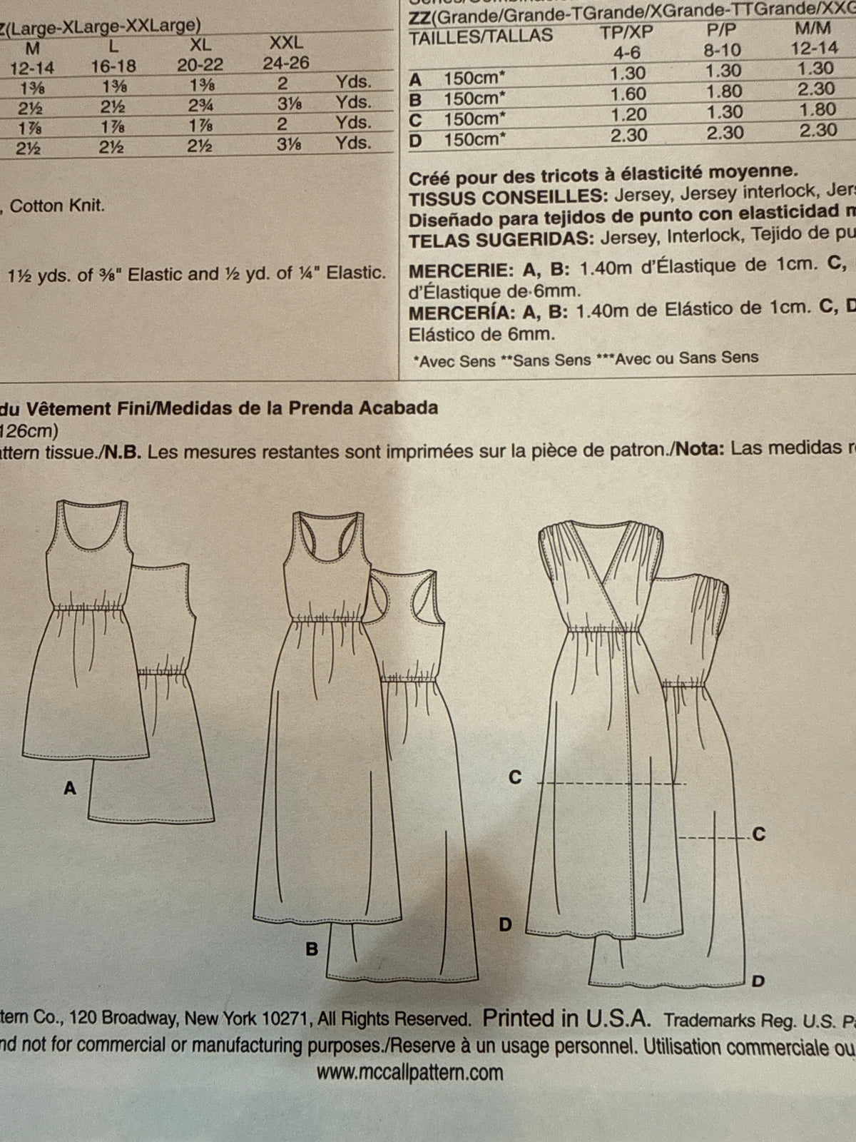 McCall’s M6744 line drawings showing front and back views of tank and mock-wrap dresses in two lengths.