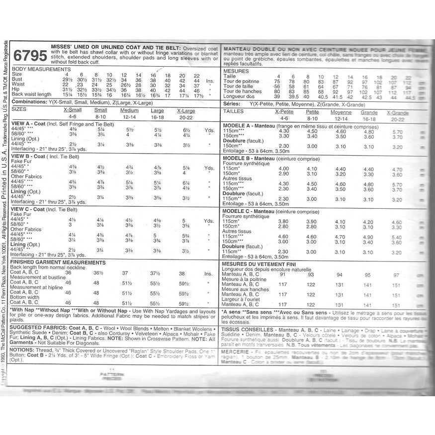 McCall's 6795 FF/UC Womens Coat Pattern Size XSM,SM,Med