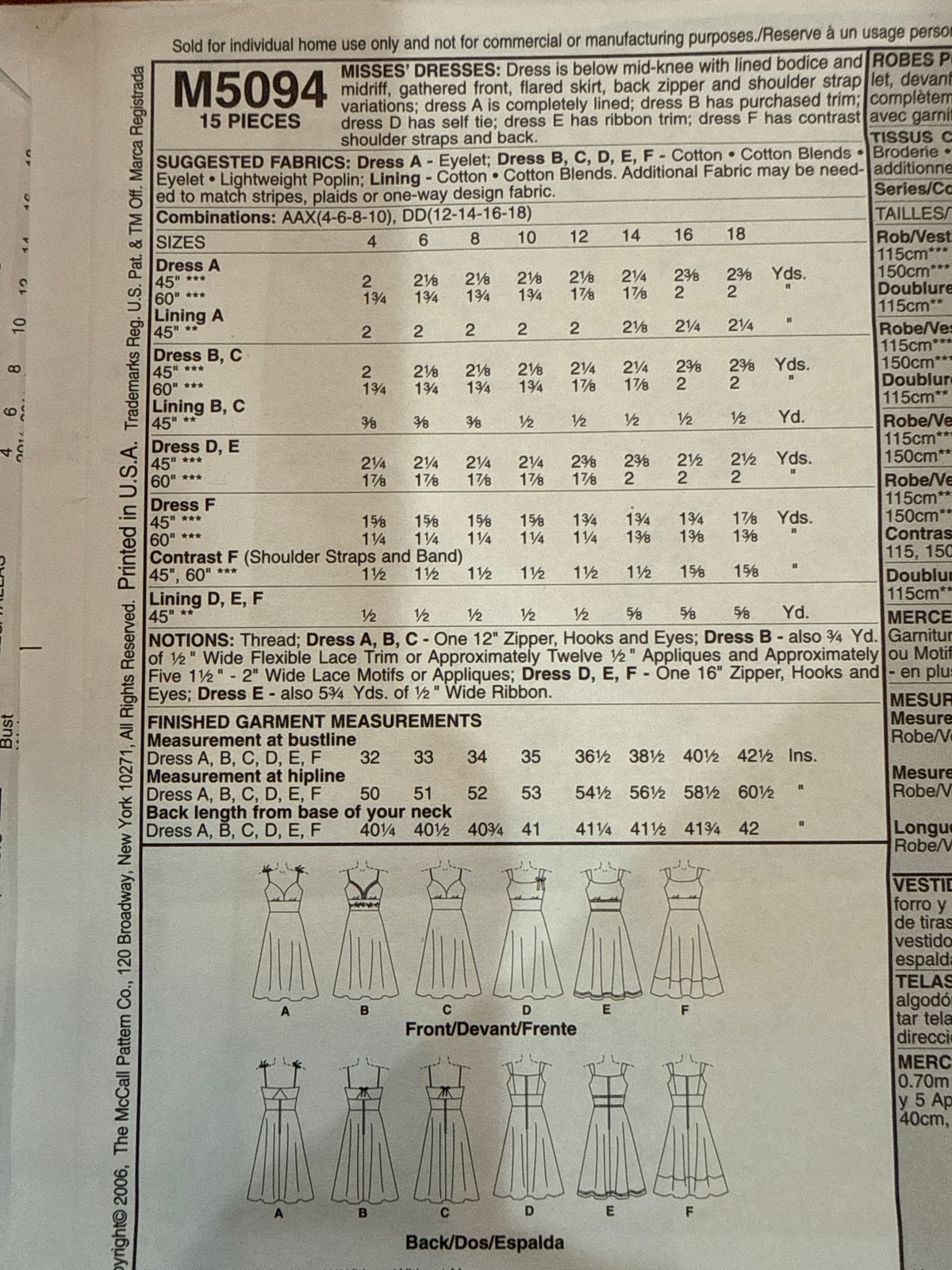 McCall’s M5094 pattern envelope back showing fabric requirements, finished measurements, and dress line drawings
