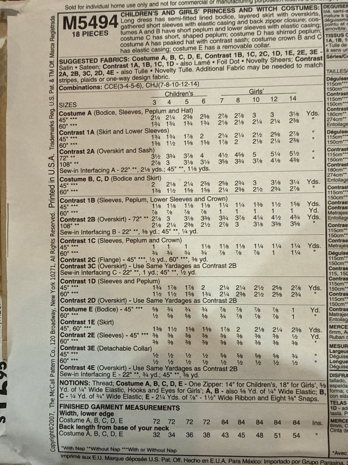 McCall’s M5494 pattern envelope back showing costume fabric requirements, notions, and finished measurements.