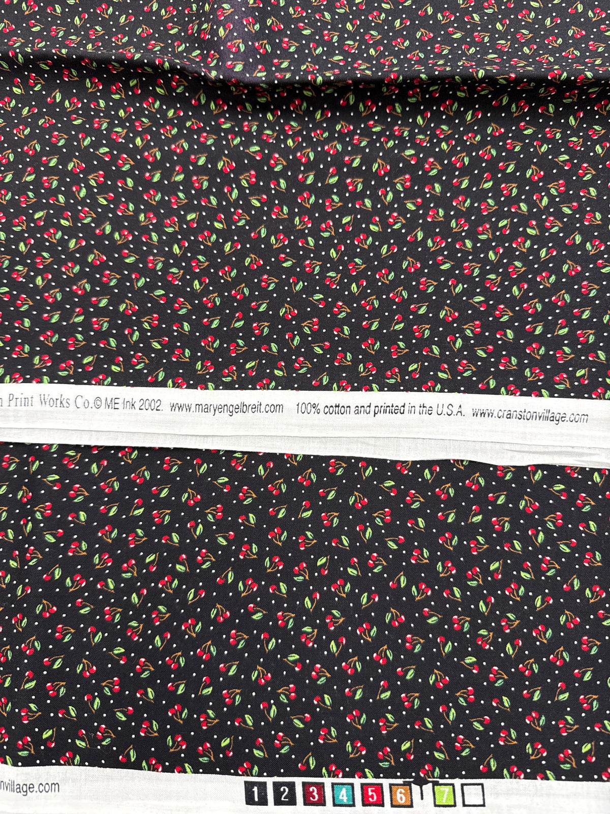 2002 Mary Engelbreit Cherries on Black Cotton Fabric – Cranston Print Works – Red Cherries & White Dots sold by the 1/2 yard