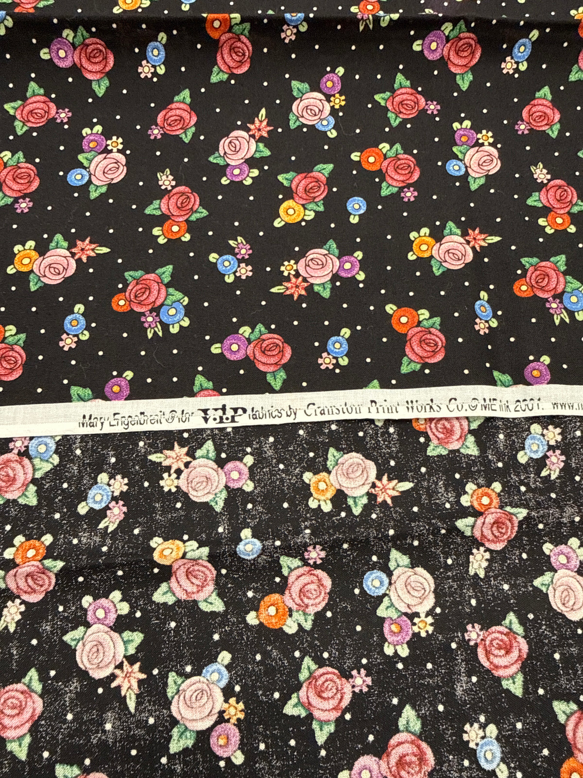 Mary Engelbreit Cabbage Roses Black Floral Cotton Fabric – Vintage Cranston VIP – ¾ Yard