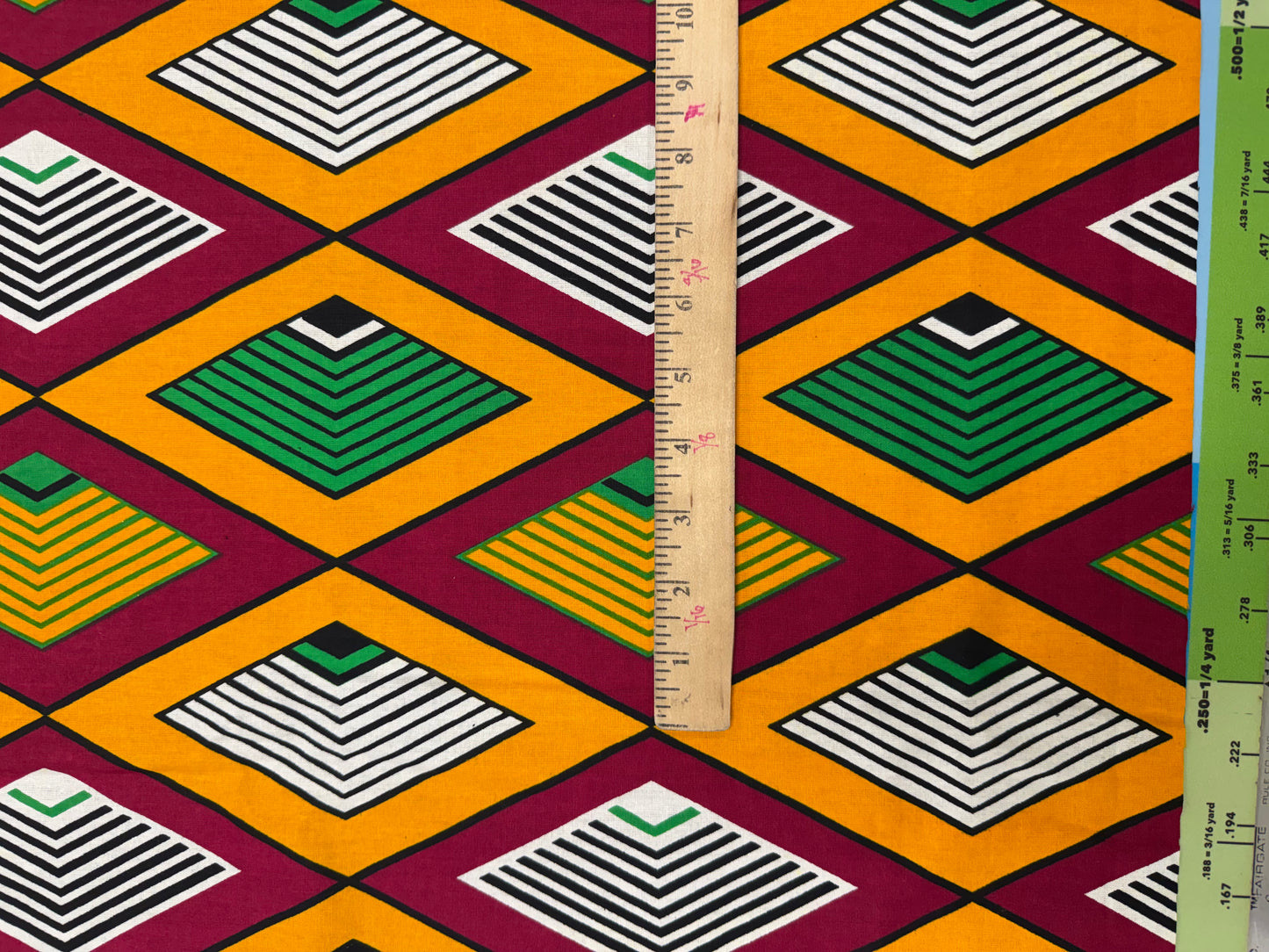 Geometric Cotton Calico Fabric Yellow, Maroon & Green 100% Cotton
