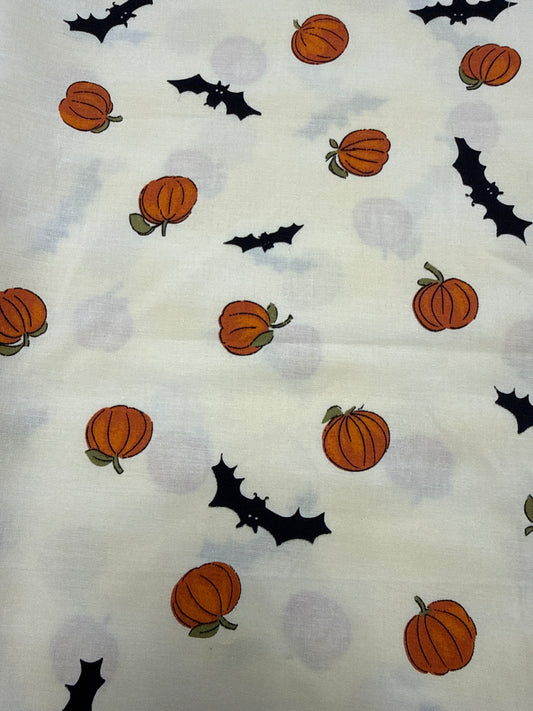 Halloween Pumpkins & Bats Cotton Fabric – Orange Pumpkins & Black Bats – 31” x 44”