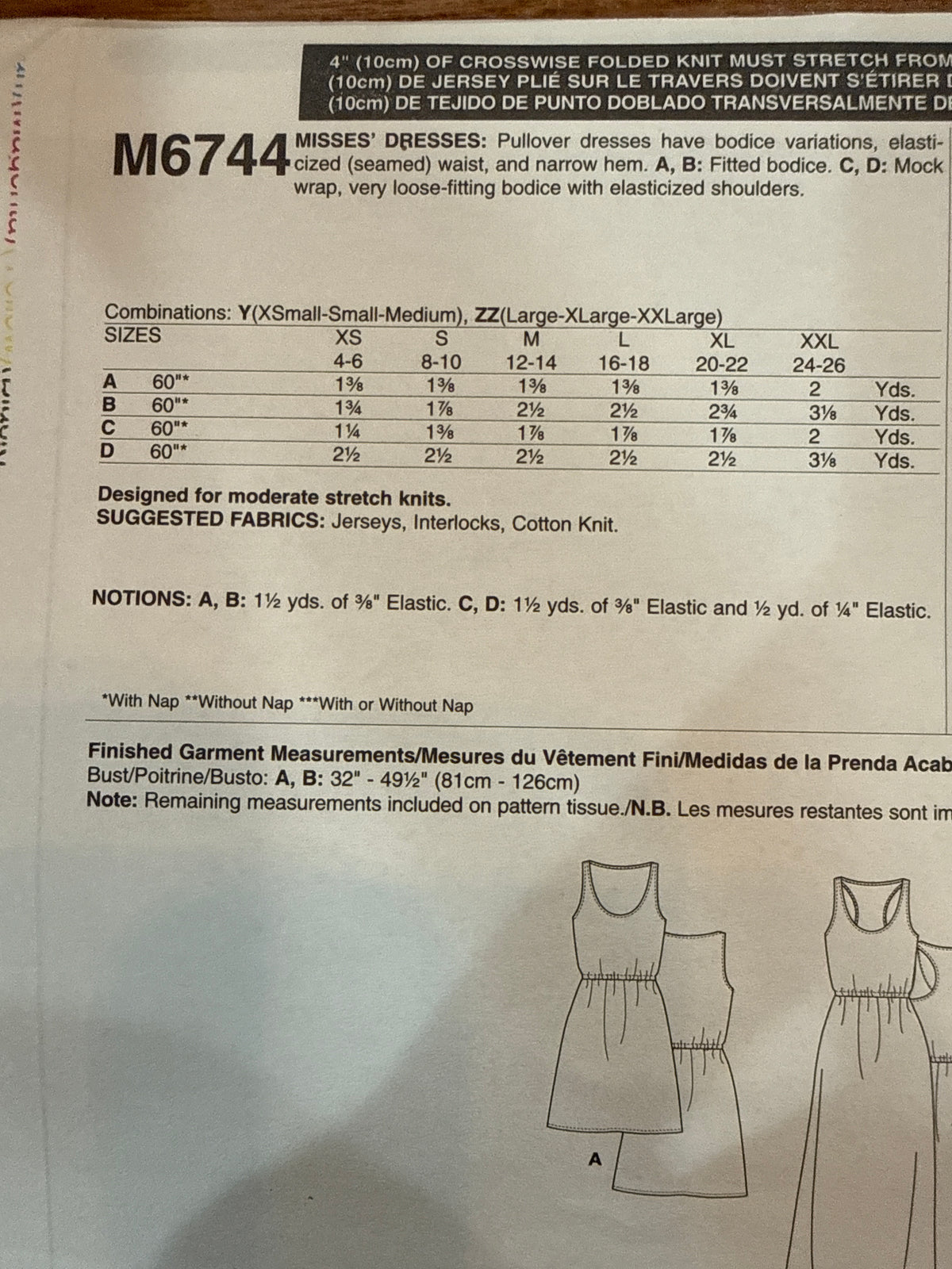 McCall’s M6744 envelope back showing size chart, knit fabric requirements, and notions.