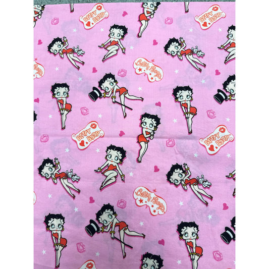 Betty Boop Pink Cotton Fabric – Red Dress, Top Hat & Hearts and Stars