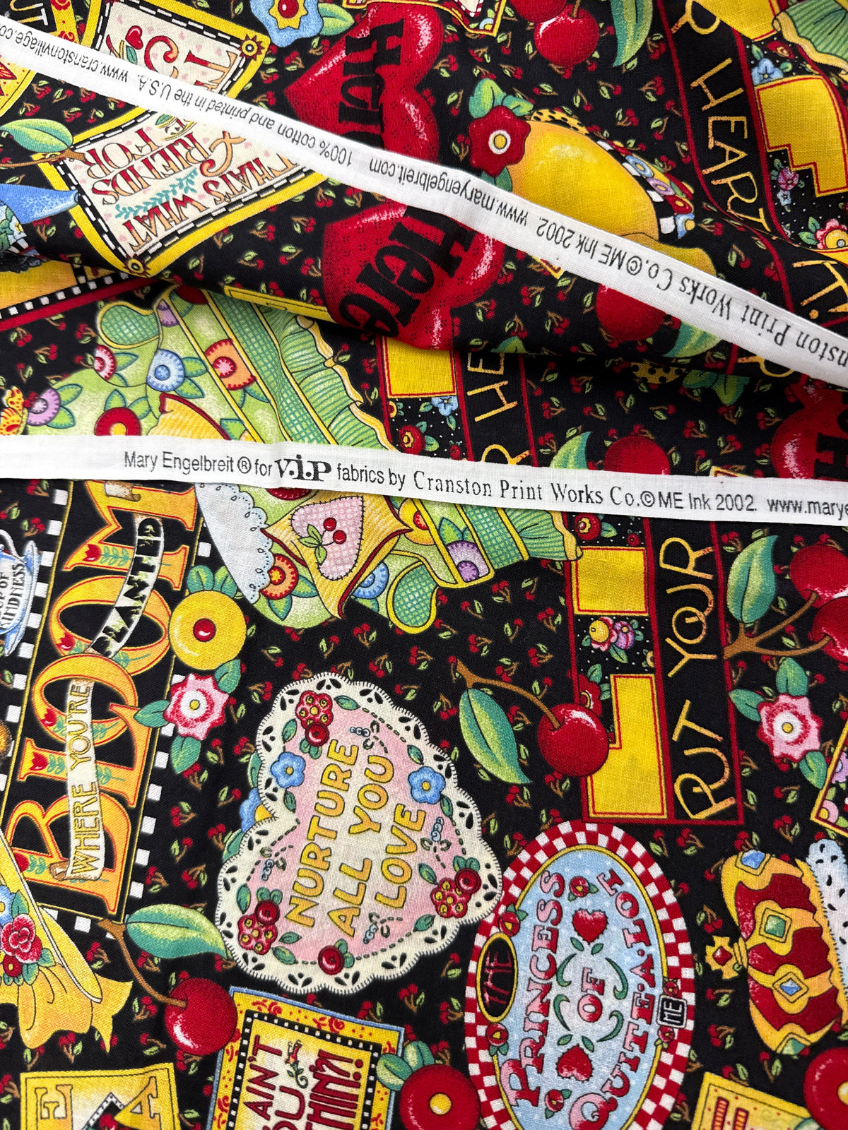 Vintage Mary Engelbreit Mottos to Live By Cotton Fabric – Black Favorite Quotes Print, Cranston Print Works, 2002 sold by 1/2 yard
