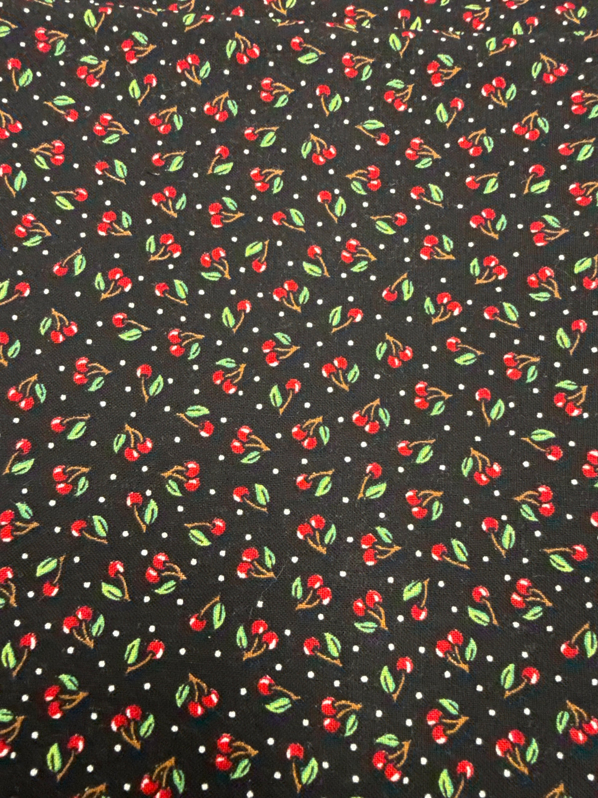 2002 Mary Engelbreit Cherries on Black Cotton Fabric – Cranston Print Works – Red Cherries & White Dots sold by the 1/2 yard