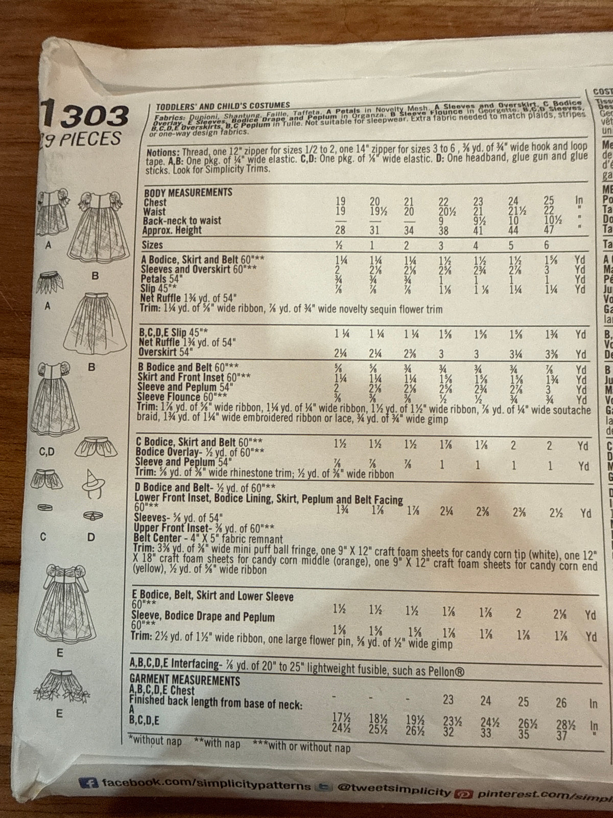 Simplicity 1303 envelope back showing costume line drawings, body measurements, fabric requirements, and notions.