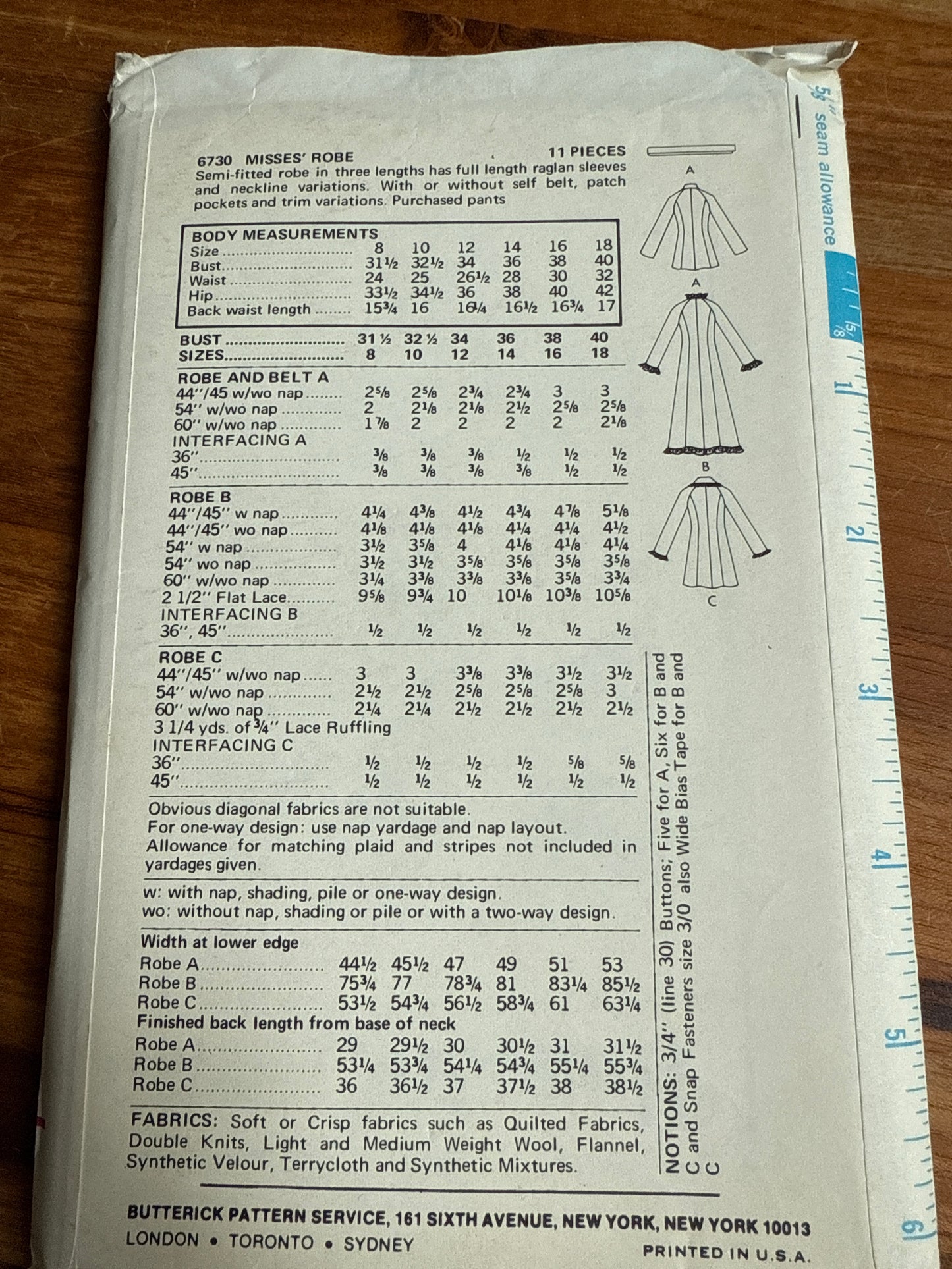 6730 Butterick Robe Pattern SZ 12