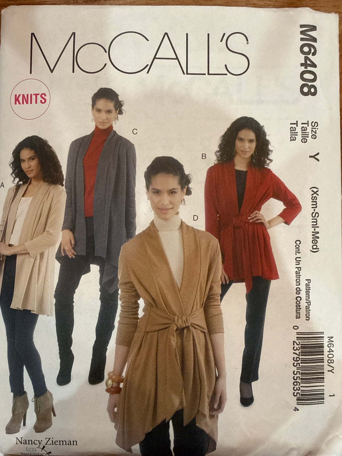 McCall’s M6408 sewing pattern envelope showing women’s knit jackets with belted and unbelted styles