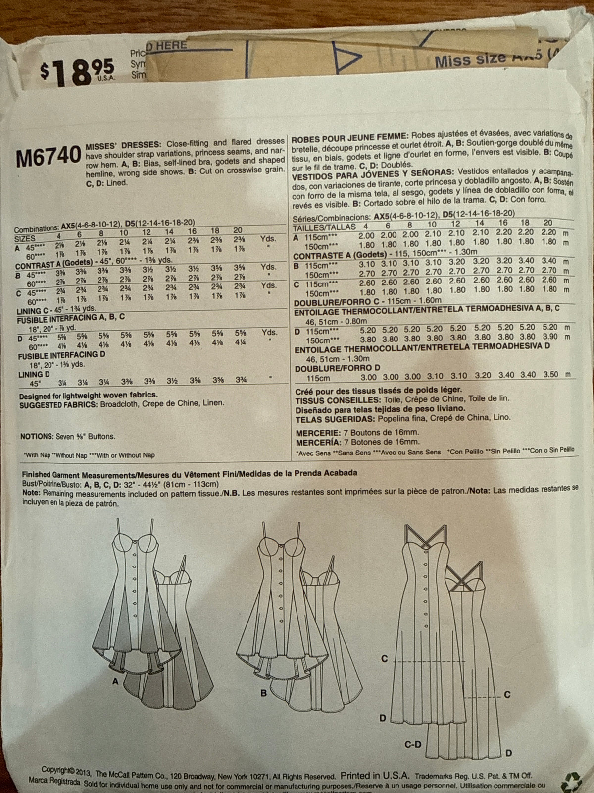 
McCall’s M6740 envelope back showing dress line drawings, fabric requirements, notions, and finished measurements.