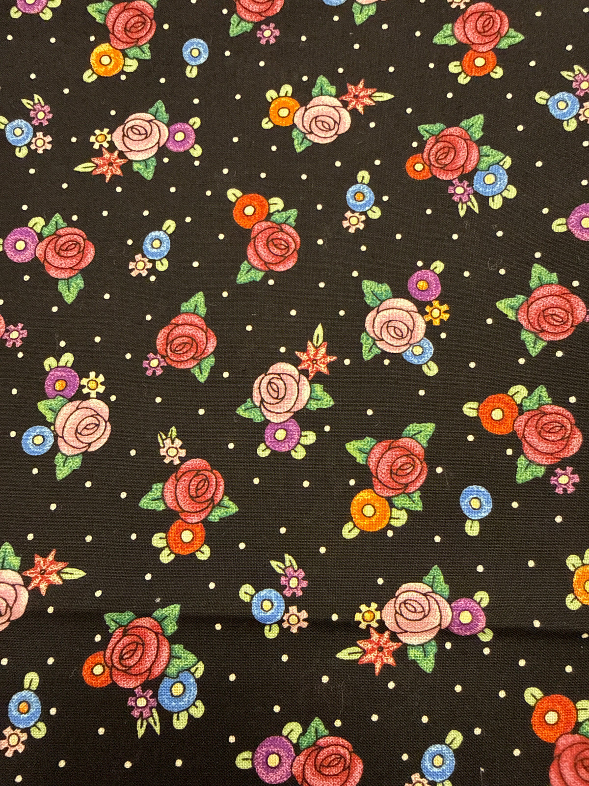 Mary Engelbreit Cabbage Roses Black Floral Cotton Fabric – Vintage Cranston VIP – ¾ Yard