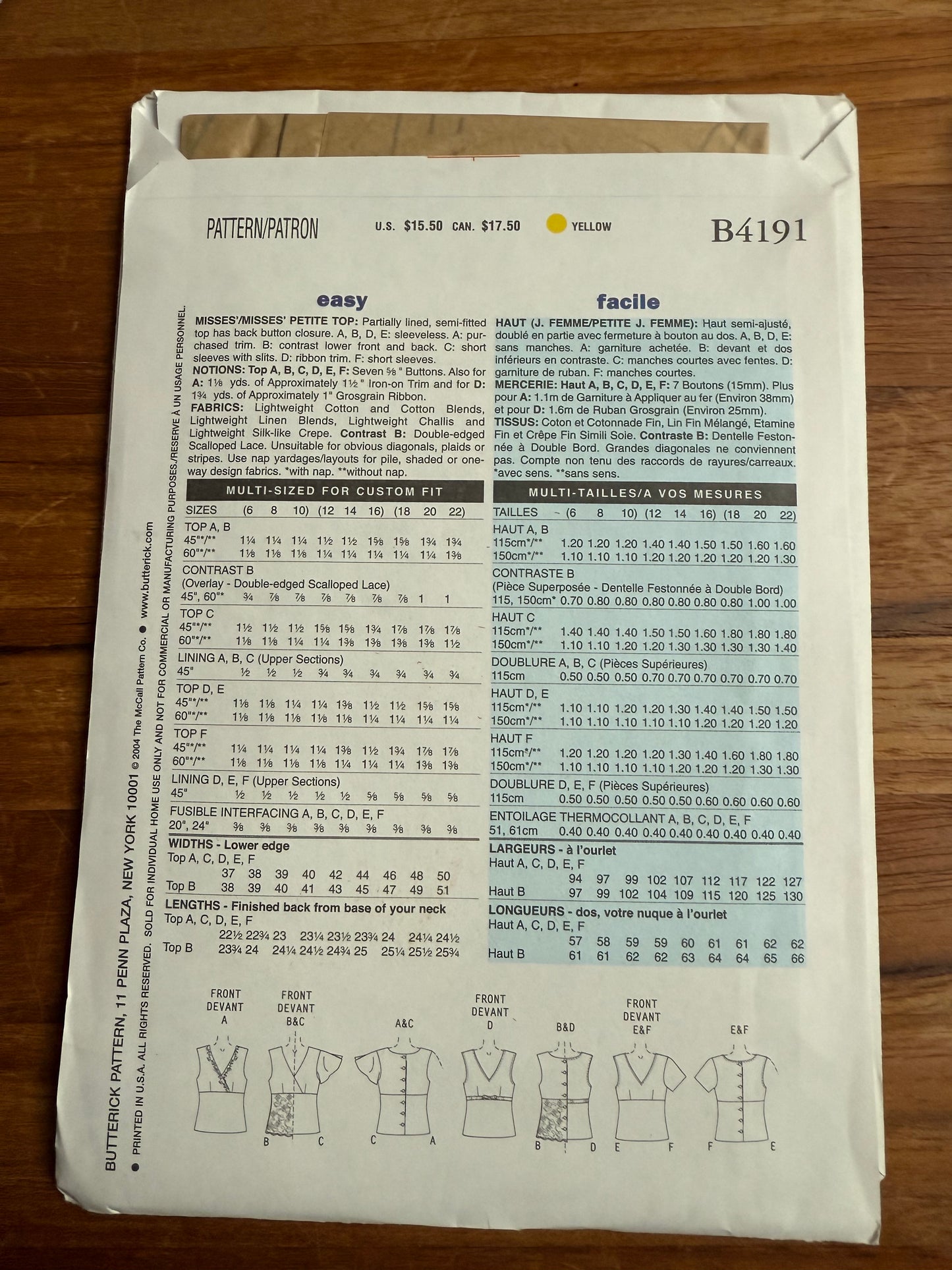 B 4191 Butterick Top Pattern SZ 12-14-16