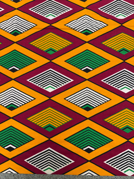 Geometric Cotton Calico Fabric Yellow, Maroon & Green 100% Cotton
