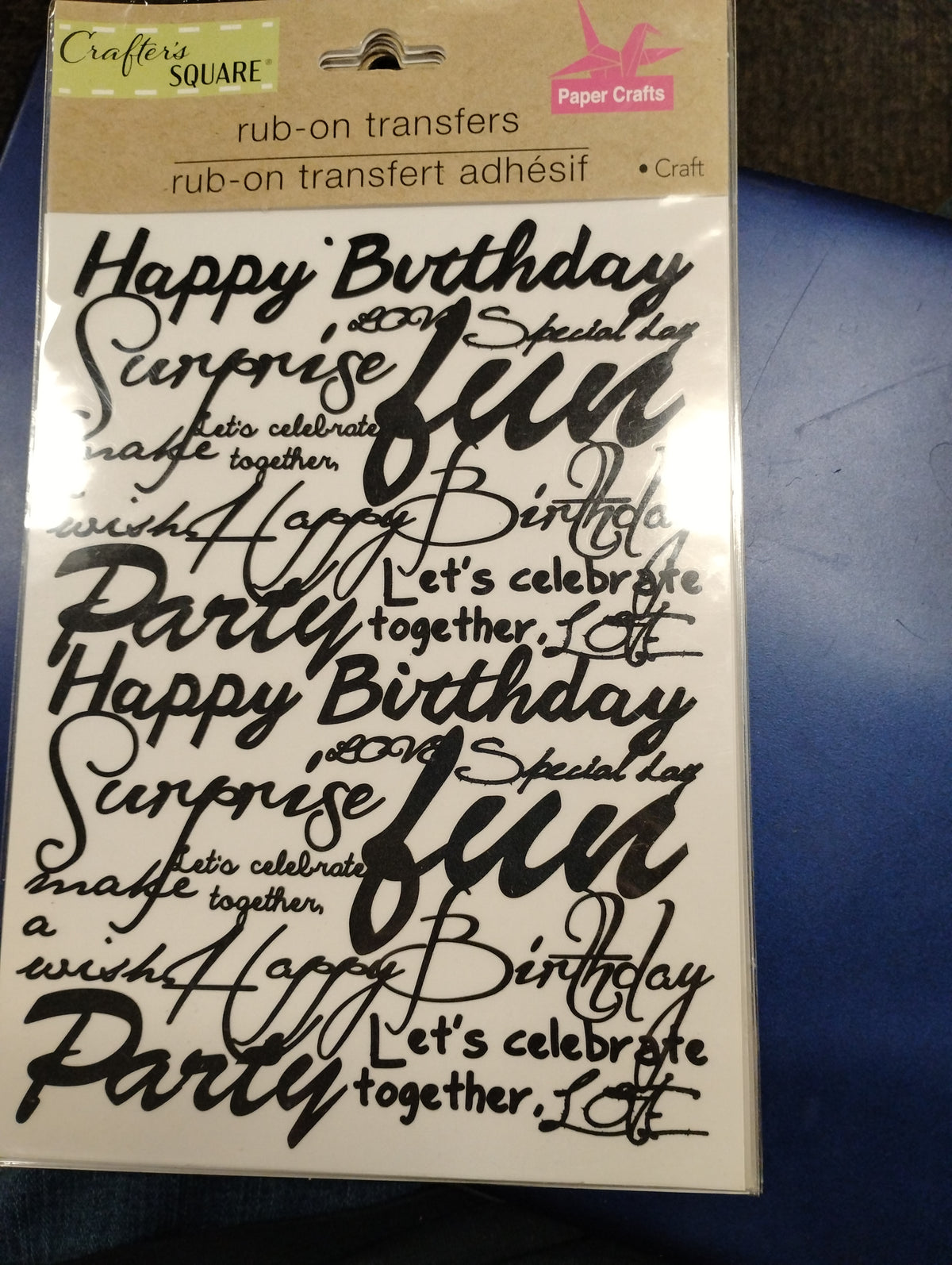 Rub on transfer craft featuring  various birthday and celebration-themed phrases